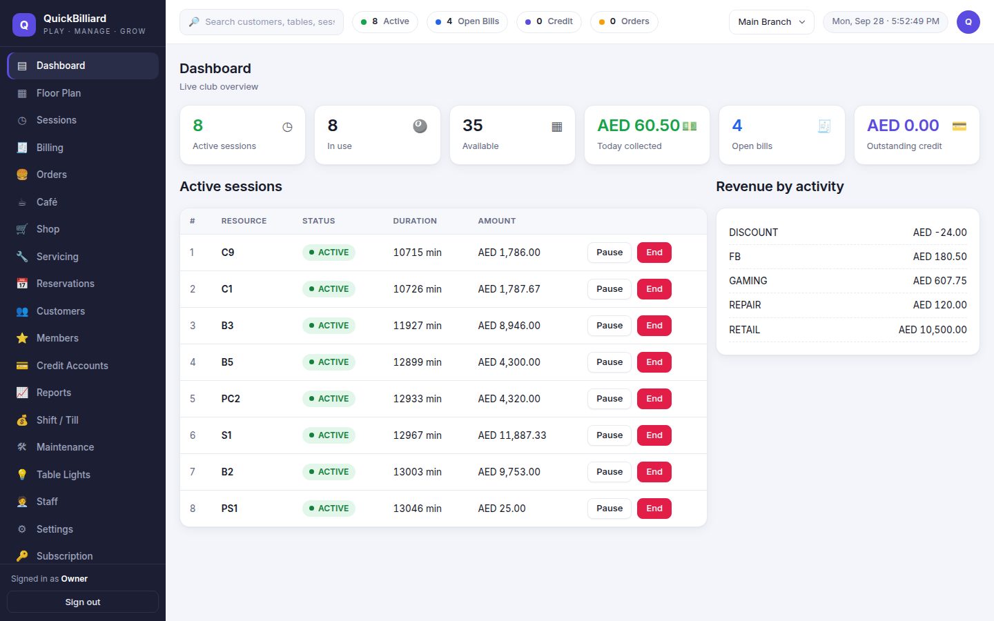 Live club dashboard
